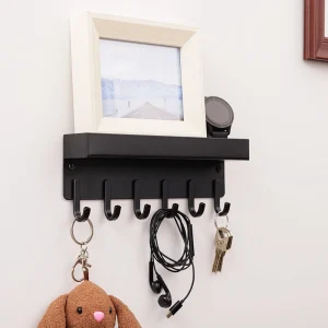 Magnetic Key Holder Wall Mount Black Shelf Organizer 6 Hook Rack Entryway Black