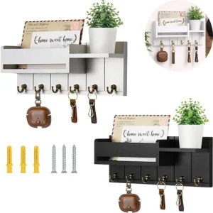 Wall Mounted Key Holder Wood Entryway Organizer Mail Shelf Rack with 6 Hooks