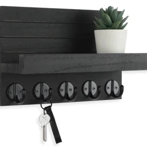 Wall Mounted Key Holder Shelf Wooden Entryway Organizer with Hooks for Keys Mail